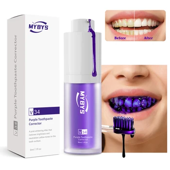 MYBYS Отбеливающая зубы Фиолетовая Зубная паста V34 Color Dental Мощное Отбеливающее Пятновыводитель Свежее дыхание, Осветляющее зубы 2023