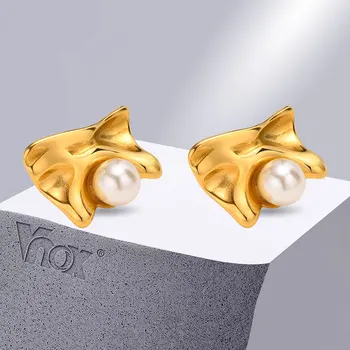 Vnox Шикарные Серьги-гвоздики с имитацией жемчуга для женщин, Нерегулярного Золотого цвета из нержавеющей Стали, женские подарочные украшения для Ушей