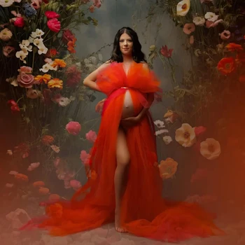 Красные халаты для беременных Трапециевидной формы для фотосъемки, платья для беременных без рукавов с шлейфом, Сексуальные платья для младенцев с разрезом спереди