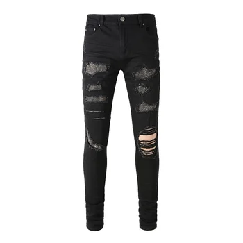 Мужские эластичные джинсы с кристаллами, Рваные Черные Хлопчатобумажные брюки, Уличная одежда, обтягивающие зауженные брюки