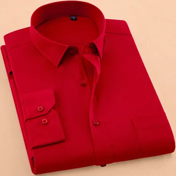 Новая осенняя мужская рубашка с длинным рукавом Повседневная однотонная Деловая красная со стоячим воротником Мужская одежда Camisa Masculina Social