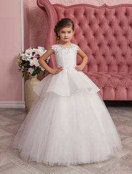 Новое поступление белого платья трапециевидной формы с цветочным узором для девочек на свадьбу, платье для первого причастия с цветочным узором на спине, детский размер от 1 до 16 лет