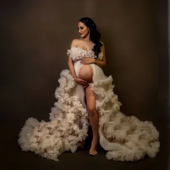 Пышные платья для беременных с открытыми плечами цвета слоновой кости, пышные фатиновые платья для беременных