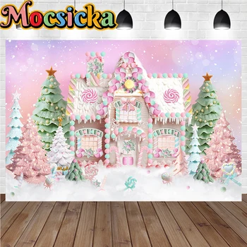 Рождественский фон для фотосъемки, Розовый Фантазийный декор в виде конфетного домика, Снег, Сосна, Девочка, Детская фотостудия, съемка торта
