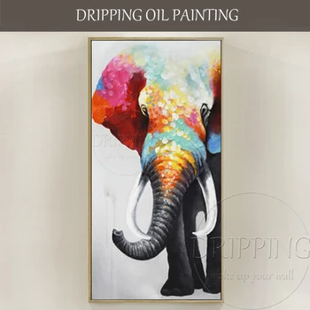 Художник вручную расписал высококачественное современное абстрактное животное, Слон, картина маслом на холсте, красочный слон с длинным носом, картина маслом